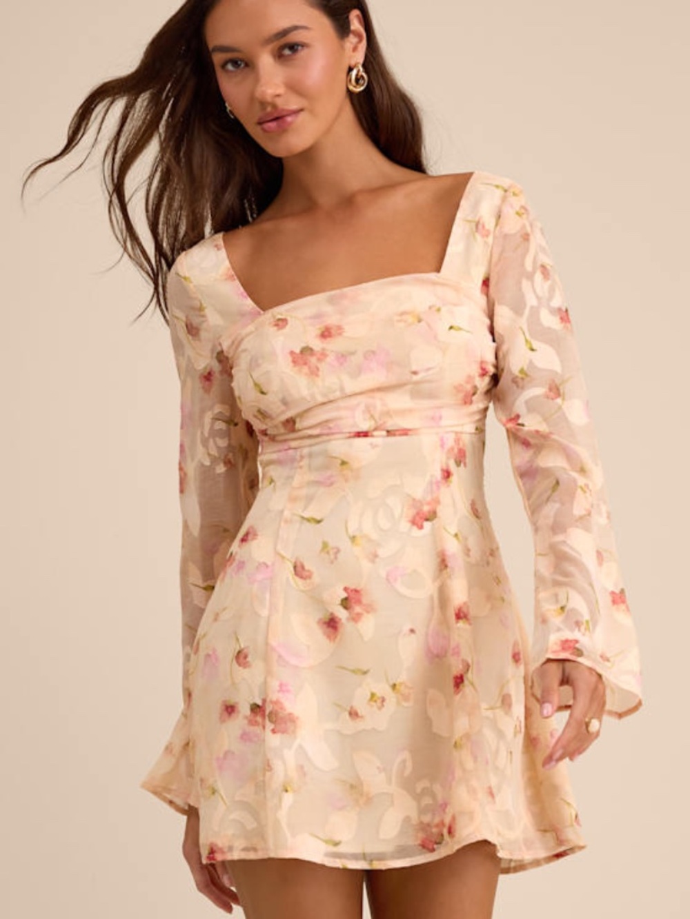 Lulus Rieti Cream Floral Burnout Long Sleeve Mini Dress White - Size M